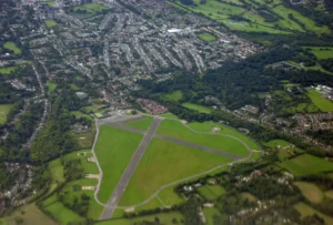 An aerial view of the former RAF base Kenley Aerodrome in Surrey, UK